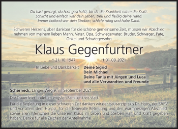 Traueranzeige von Klaus Gegenfurtner von Neue Presse Coburg