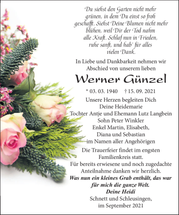 Traueranzeige von Werner Günzel von Südthüringer Presse
