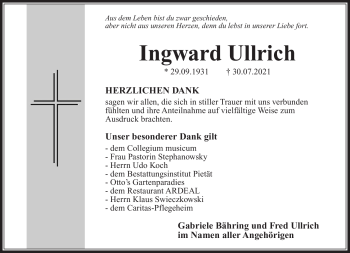 Traueranzeige von Ingward Ullrich von Südthüringer Presse