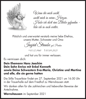 Traueranzeige von Ingrid Straube von Südthüringer Presse