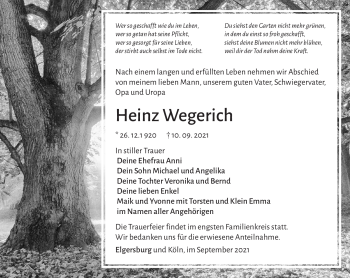 Traueranzeige von Heinz Wegerich von Südthüringer Presse