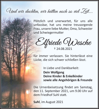 Traueranzeige von Elfriede Wesche von Südthüringer Presse