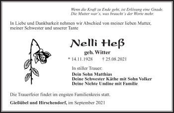Traueranzeige von Nelli Heß von Südthüringer Presse