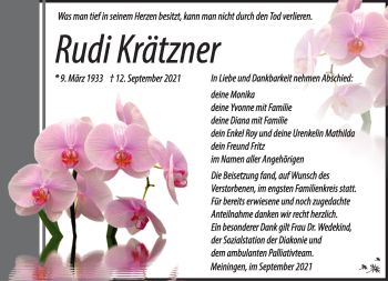 Traueranzeige von Rudi Krätzner von Südthüringer Presse