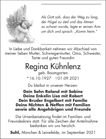 Traueranzeige von Regina Kühnlenz von Südthüringer Presse