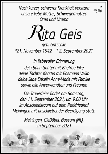 Traueranzeige von Rita Geis von Südthüringer Presse