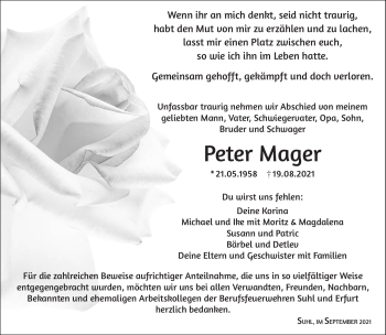 Traueranzeige von Peter Mager von Südthüringer Presse