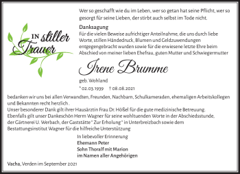Traueranzeige von Irene Brumme von Südthüringer Presse