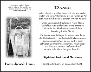 Traueranzeige von Bernhard Finn von Südthüringer Presse