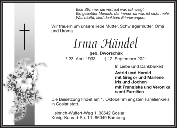 Traueranzeige von Irma Händel von Frankenpost