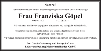 Traueranzeige von Franziska Göpel von Südthüringer Presse