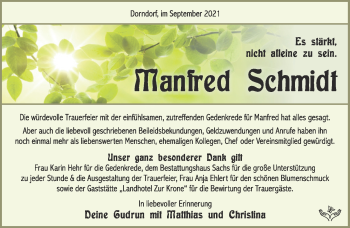 Traueranzeige von Manfred Schmidt von Südthüringer Presse