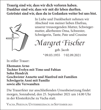 Traueranzeige von Margret Fischer von Südthüringer Presse