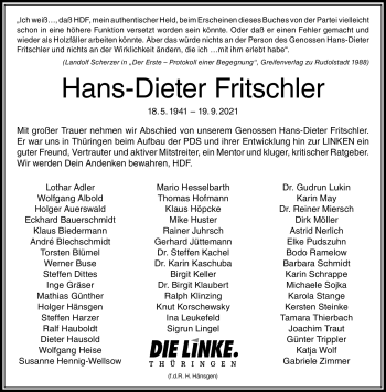 Traueranzeige von Hans-Dieter Fritschler von Südthüringer Presse