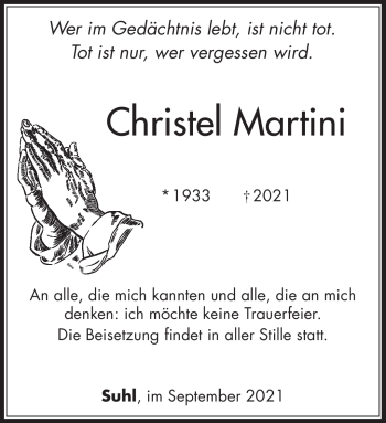 Traueranzeige von Christel Martini von Südthüringer Presse