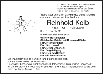 Traueranzeige von Reinhold Kolb von Frankenpost