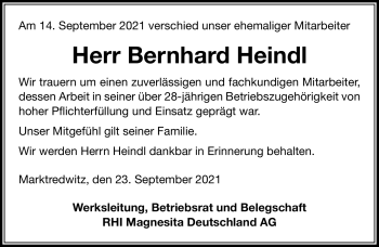 Traueranzeige von Bernhard Heindl von Frankenpost
