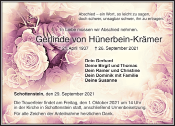 Traueranzeige von Gerlinde von Hünerbein-Krämer von Neue Presse Coburg