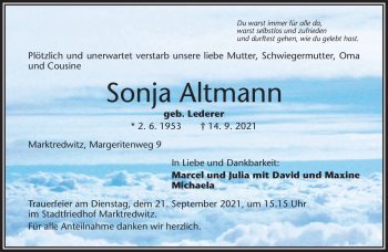 Traueranzeige von Sonja Altmann von Frankenpost