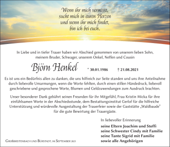 Traueranzeige von Björn Henkel von Südthüringer Presse