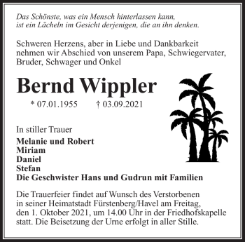 Traueranzeige von Bernd Wippler von Südthüringer Presse