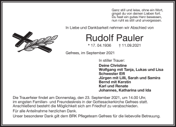 Traueranzeige von Rudolf Pauler von Frankenpost