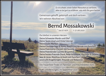 Traueranzeige von Bernd Mossakowski von Südthüringer Presse