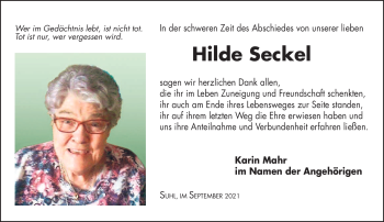 Traueranzeige von Hilde Seckel von Südthüringer Presse