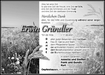 Traueranzeige von Erwin Gründler von Südthüringer Presse