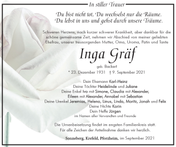 Traueranzeige von Inga Gräf von Südthüringer Presse