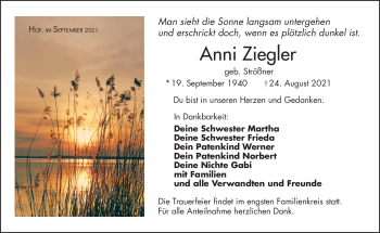 Traueranzeige von Anni Ziegler von Frankenpost