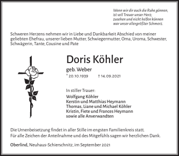 Traueranzeige von Doris Köhler von Südthüringer Presse