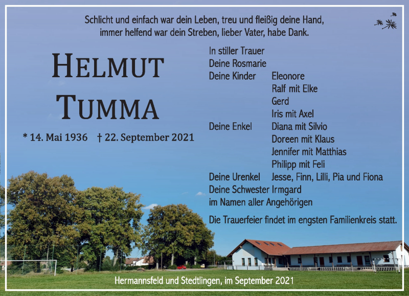  Traueranzeige für Helmut Tumma vom 29.09.2021 aus Südthüringer Presse