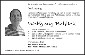 Traueranzeige von Wolfgang Behlick von Südthüringer Presse