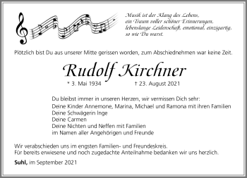 Traueranzeige von Rudolf Kirchner von Südthüringer Presse