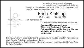 Traueranzeige von Erich Kießling von Frankenpost