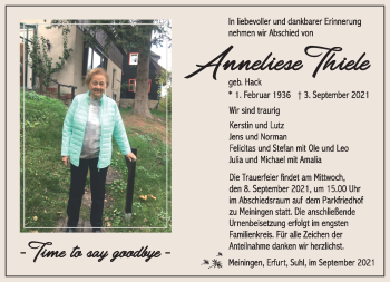 Traueranzeige von Anneliese Thiele von Südthüringer Presse