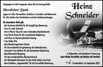 Traueranzeige von Heinz Schneider von Südthüringer Presse