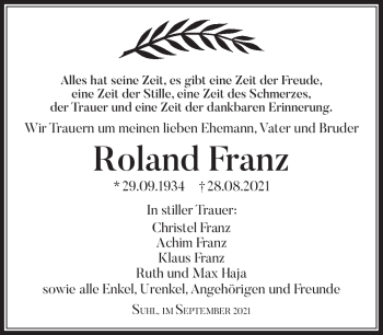 Traueranzeige von Roland Franz von Südthüringer Presse
