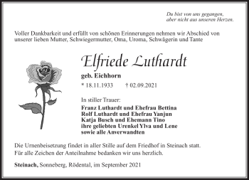 Traueranzeige von Elfriede Luthardt von Südthüringer Presse