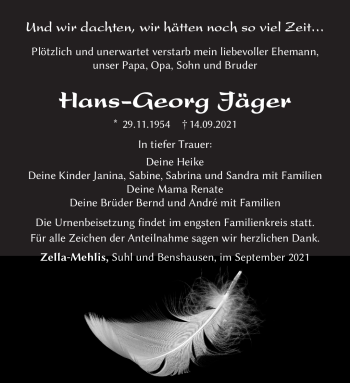 Traueranzeige von Hans-Georg Jäger von Südthüringer Presse