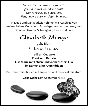 Traueranzeige von Elisabeth Menge von Südthüringer Presse
