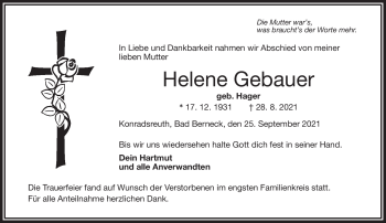 Traueranzeige von Helene Gebauer von Frankenpost