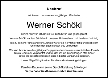 Traueranzeige von Werner Schökl von Neue Presse Coburg