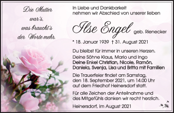 Traueranzeige von Ilse Engel von Südthüringer Presse