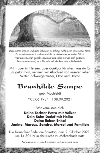Traueranzeige von Brunhilde Saupe von Südthüringer Presse