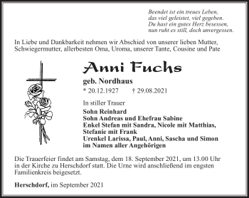 Traueranzeige von Anni Fuchs von Südthüringer Presse