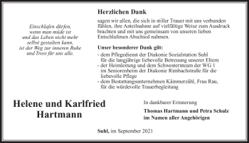 Traueranzeige von KarlfriedHelene HartmannHartmann von Südthüringer Presse