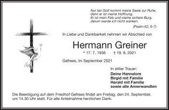 Traueranzeige von Hermann Greiner von Frankenpost