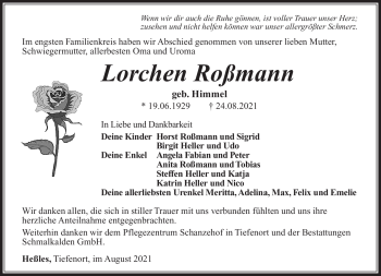 Traueranzeige von Lorchen Roßmann von Südthüringer Presse